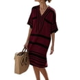 thumbnail image 2 of QUNYINEY Striped Womens Dresses Summer Short Sleeve Midi Cotton Linen Shift Dress Casual Vacation Casual V Neck Loose Fit Dresses, 2 of 7