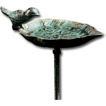 Country-Style, Leaf with Bird, Garden Stake Bird Bath, Cast Iron, Rustic Green Patina, 3 Feet 2 ½ Inches Tall
