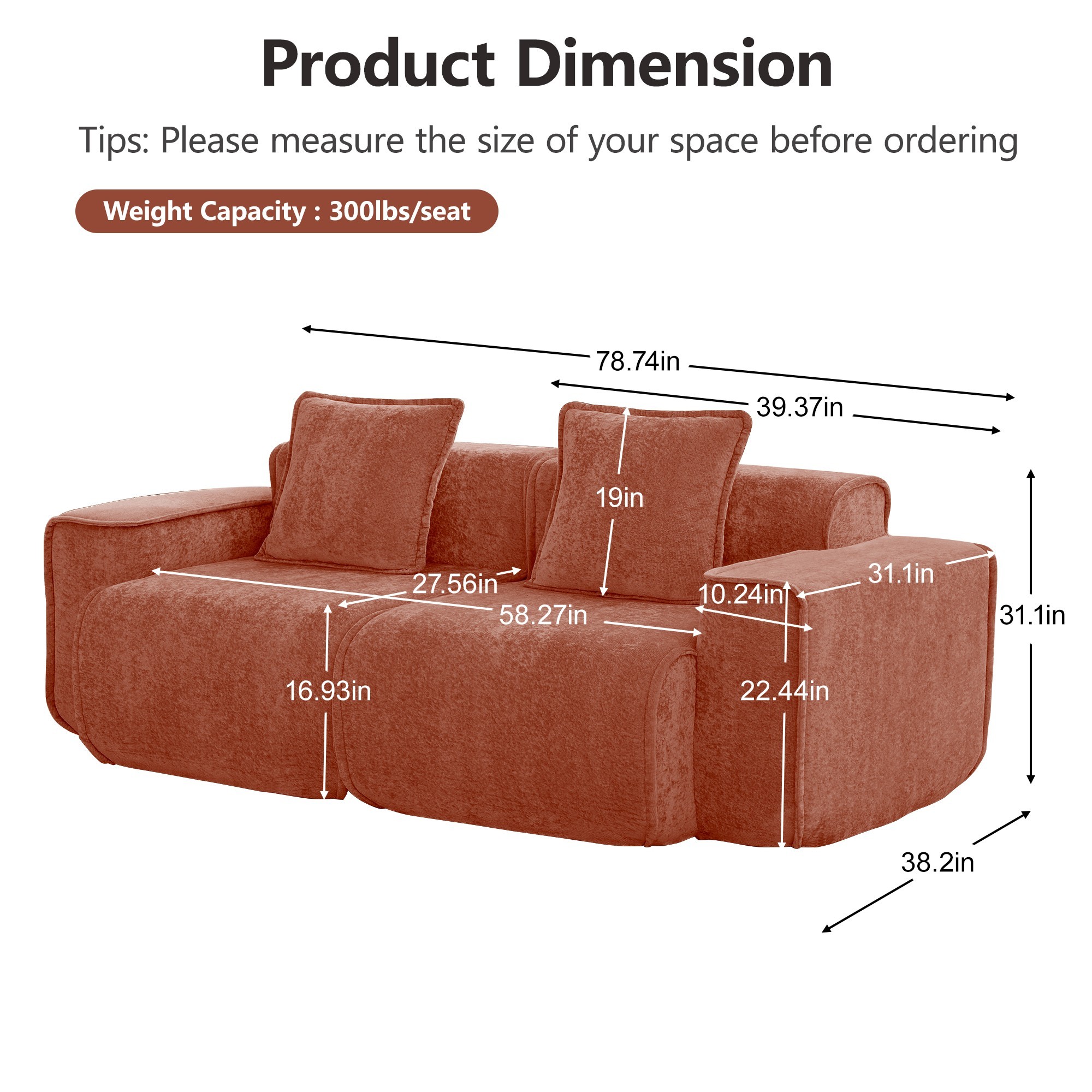 DEALTOPS 79" Modern Velvet Cloud Couch, 2-Seater Modular Loveseat with 2 Pillows, Red