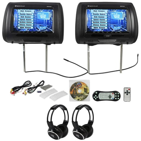 Contoured Headrest - Rockville RDP931-BK 9” Black Car DVD/HDMI Headrest Monitors+2 Wireless Headsets