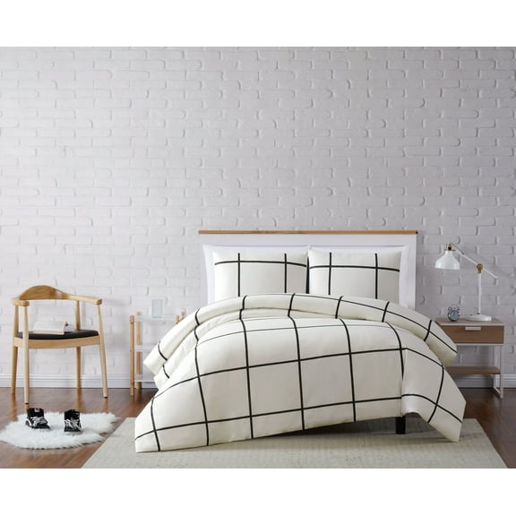 Truly Soft Kurt Windowpane 3-Piece King Duvet Set in Ivory and Black, Polyester , Adult, All Season, OEKO-TEX Certified