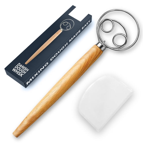 Professional dough whisk, 13 inch danish bread whisk with dough scraper, stainless steel loops for thorough mixing, wooden handle, baking essentials, silver