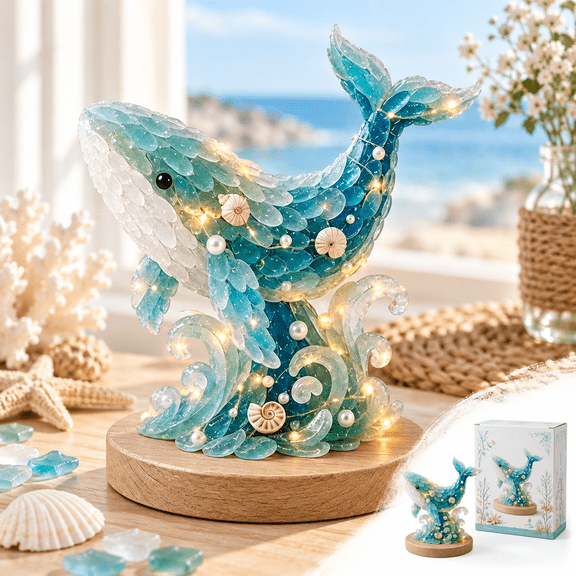 Whale Sea Glass DIY Art Kit, Lighted Plastic Craft Set with LED Lights and Assembly Accessories, Tabletop Home Decor Gift for Adults and Kids