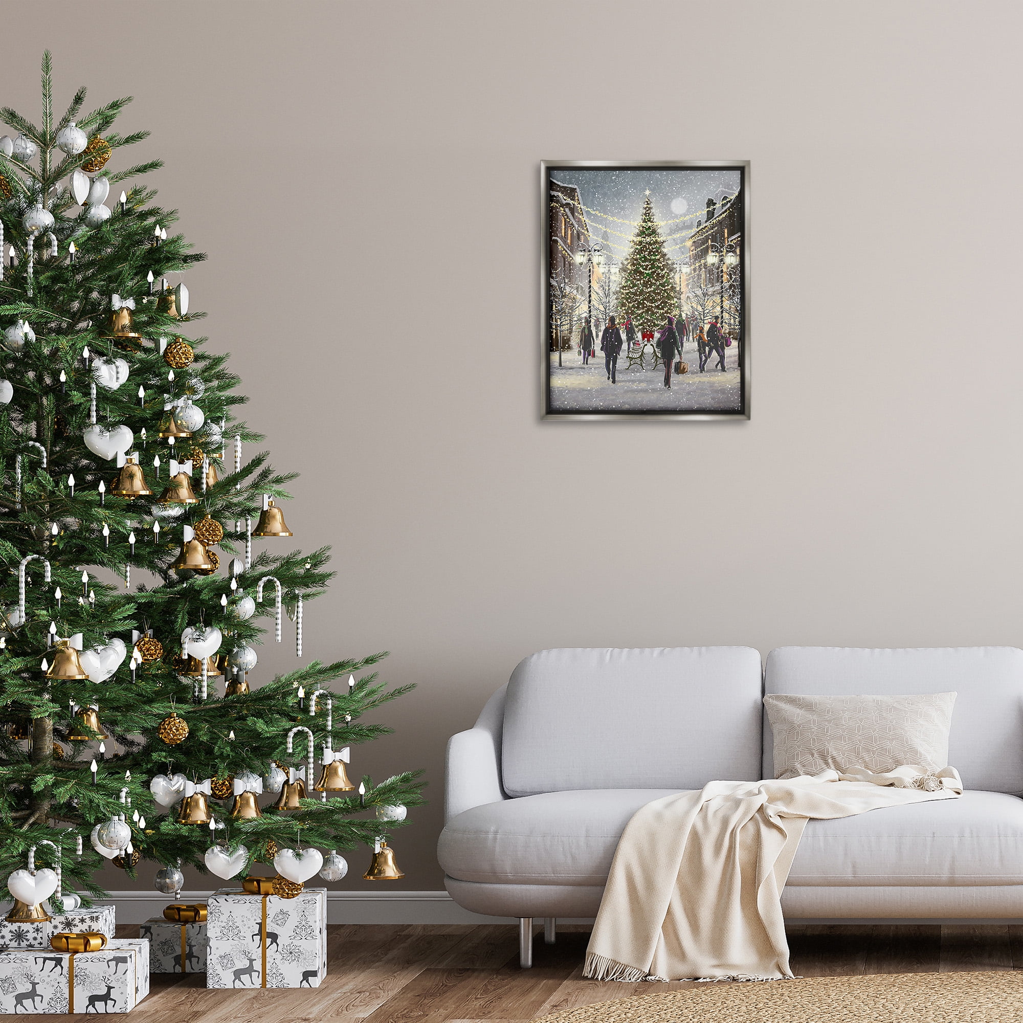 Stupell Industries Town Christmas Tree Holiday Painting Gray Floater Framed Canvas Art Print Wall Art, 25 x 31