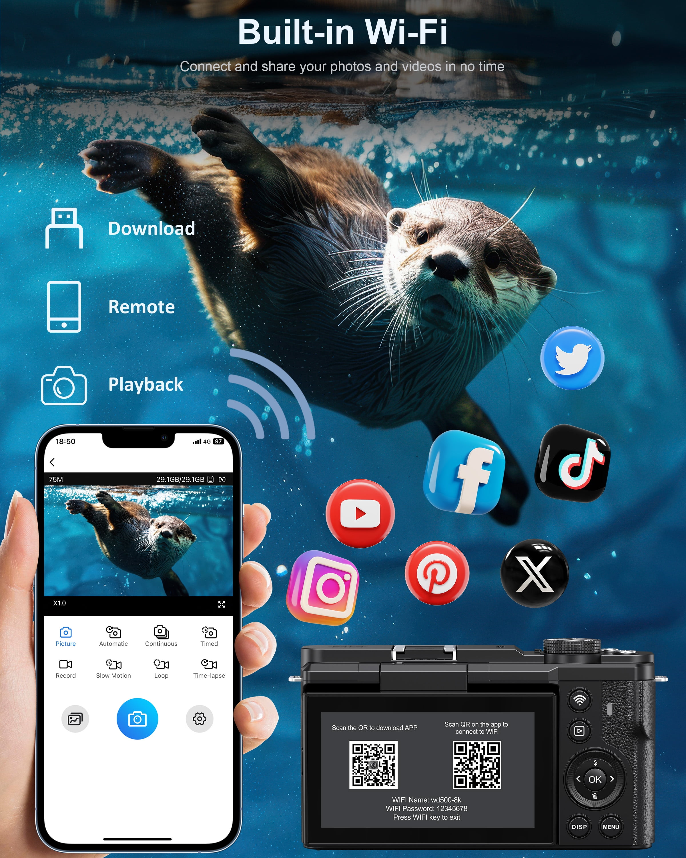 MARVUE 8K Digital Cameras for Photography WiFi Autofocus 88MP 18X Zoom Vlogging Camera for Youtube with 3" 180° Flip Screen, 64GB Card