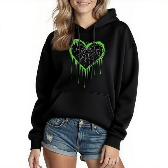 Halloween Graphic Hoodies for Women HeartLong Sleeve Hooded Sweatshirts Street Drawstring Hoodie 100% Cotton S