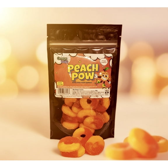 Omega Bursts Peach Pow – Super Sour Peach Gummies Candy – 6 oz Resealable Bag