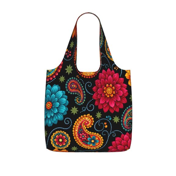 Vibrant Folk Art Floral Pattern Foldable Reusable Shopping Bag Large Capacity Tote Handbag Storage Pouch for Travel Work