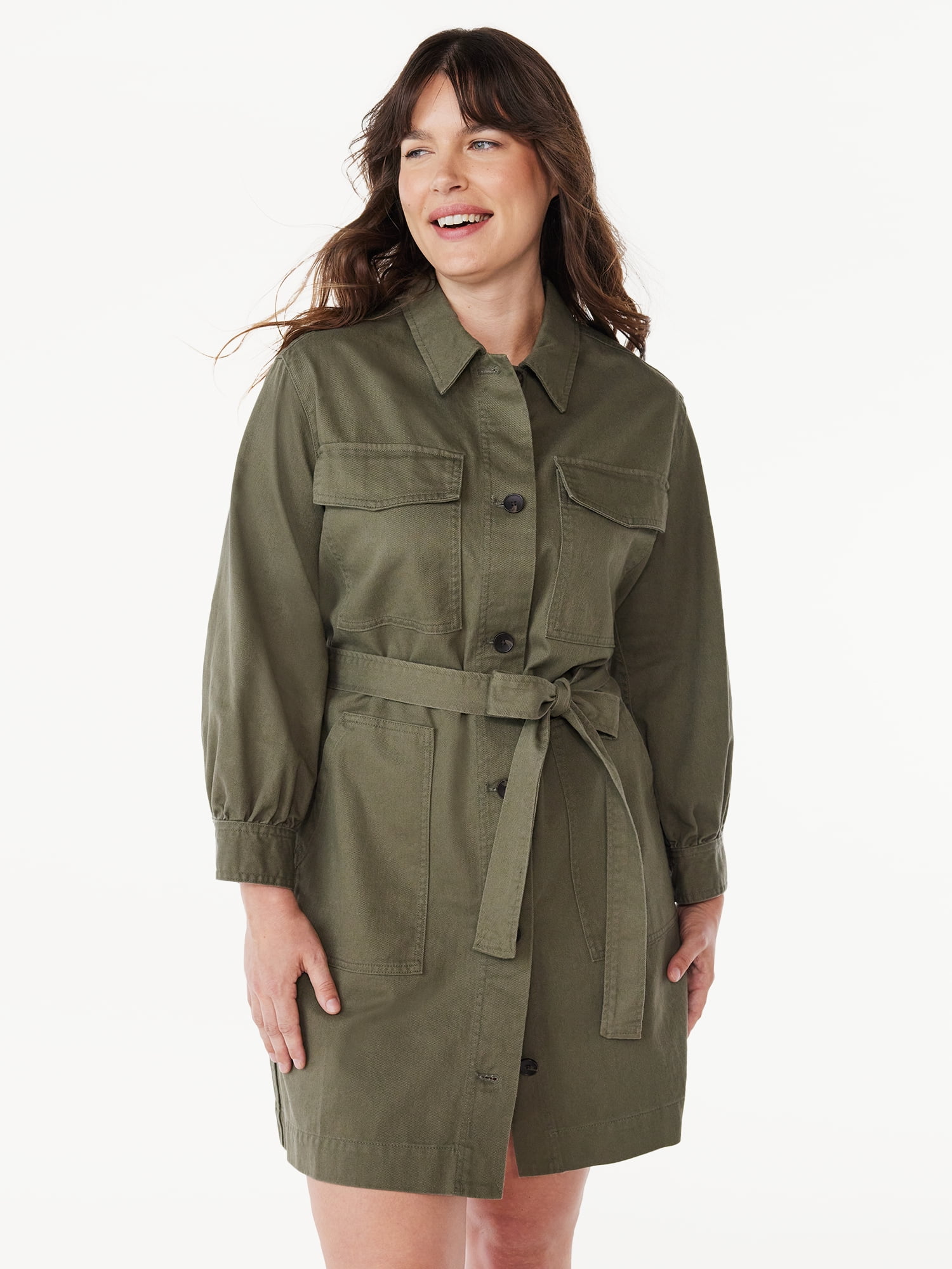 Free Assembly Women's Belted Utility Mini Dress with Long Sleeves, Sizes XS-XXL