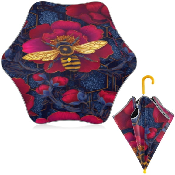 BZSMCE Folding Umbrellas Rain & UV Protection Windproof In Red Flowers & Bee Pattern
