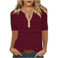 thumbnail image 2 of WREESH Women's Striped Henley Shirt Short Sleeve V-Neck Button T-Shirt Loose Fit Casual Striped Top for Women Wine, 2 of 5