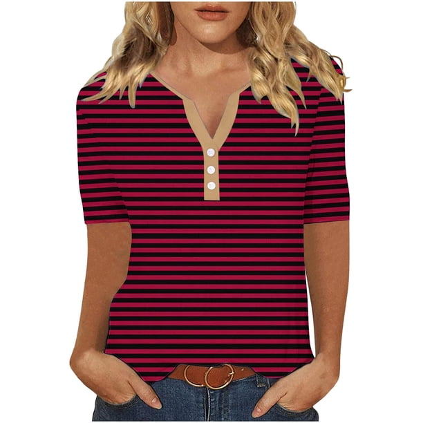 Camiseta de Manga Corta para las Mujeres con Cuello en V de Impresión de Rayas con Botón, Blusa Casual para el Hogar Y Diario