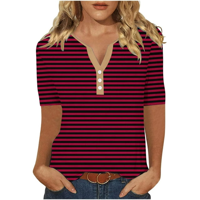 Hauts Décontractés à Rayures pour Femmes T-Shirt Col en V Blouse à Manches Courtes Boutonnée Tunique d'Été