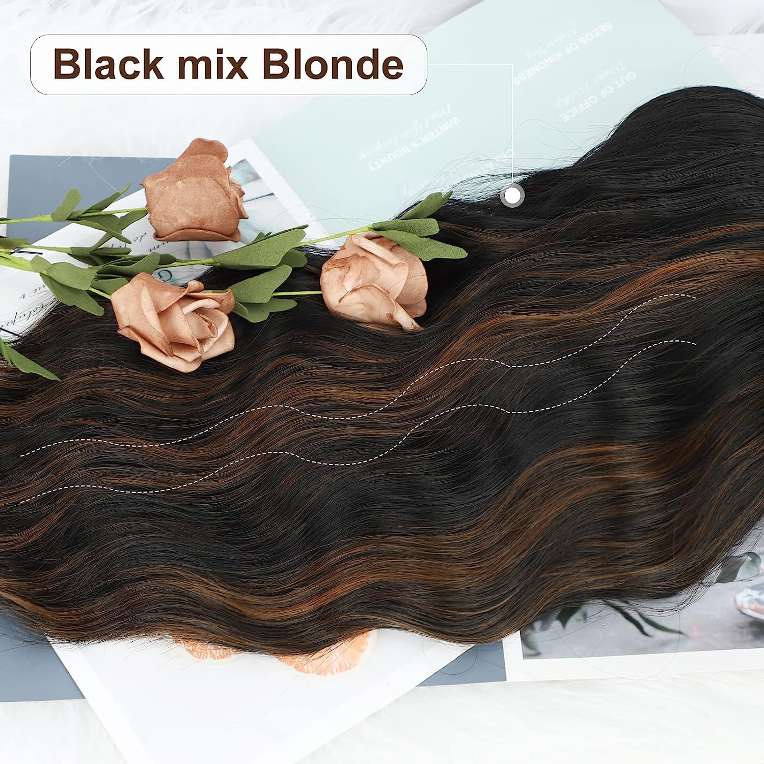 SUCS Short Black Mix Brown Wig with Bangs Short Brown Wavy Wig for Women Shoulder Length Brown Wig Synthetic Highlight Wavy Wig Heat Resistant Short Wavy Wigs for Daily Party Use