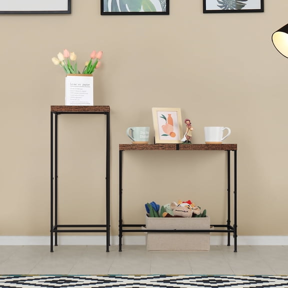 2-Piece Narrow Console Table Set, Tall Skinny Side Table and Long Sofa Table for Hallway, Living Room, Bedroom - Rustic Brown