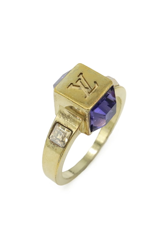 Pre-Owned LOUIS VUITTON Louis Vuitton Monogram Bague Gamble Ring, Size M, 1 GP Crystal Gold...