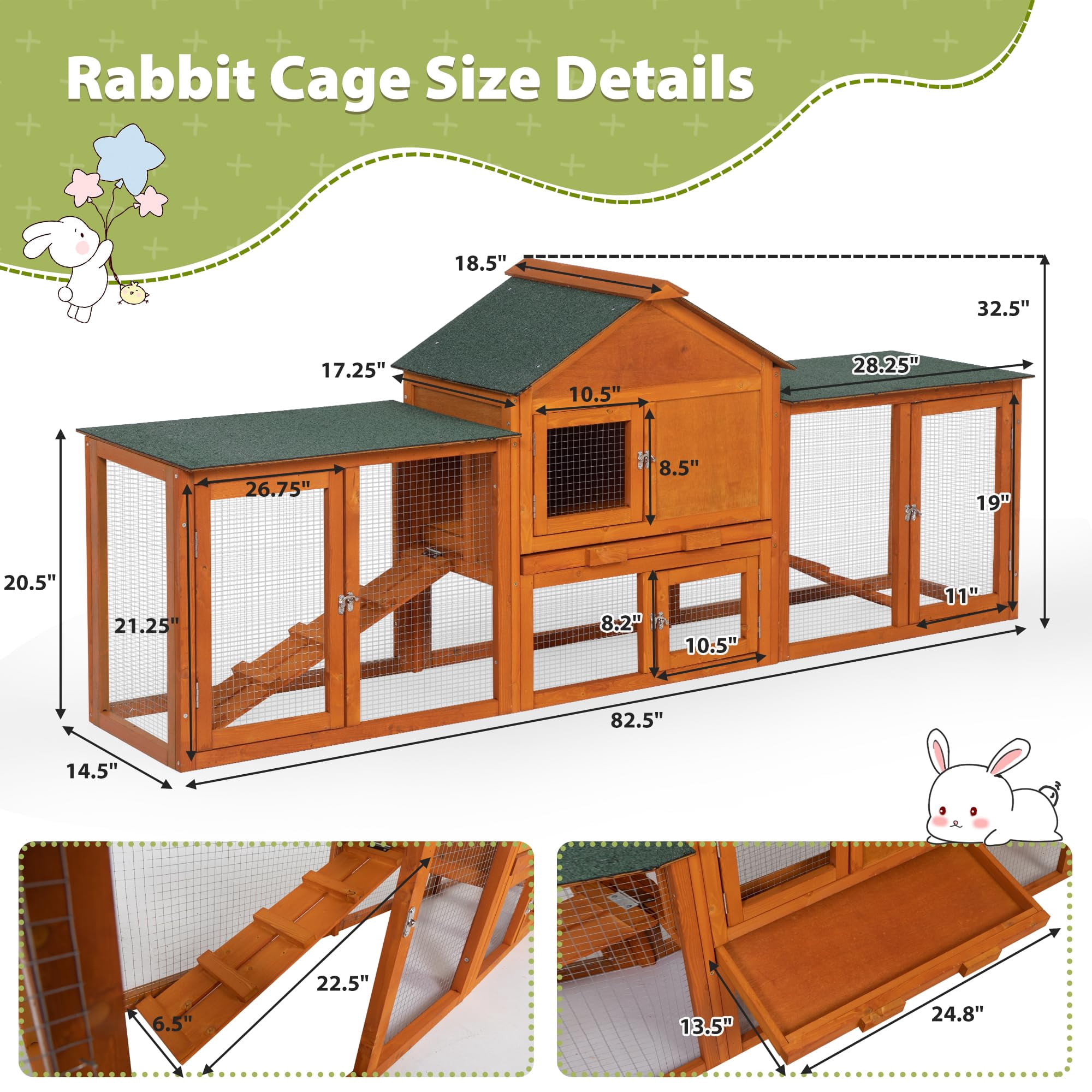 82 Inch Large Wooden Rabbit Hutch Bunny Cage Indoor Outdoor Easy Assemble Durable with Pull Out Cleaning Tray Waterproof Roof for Small Medium Pets Duck Chick Guinea Pig, Orange