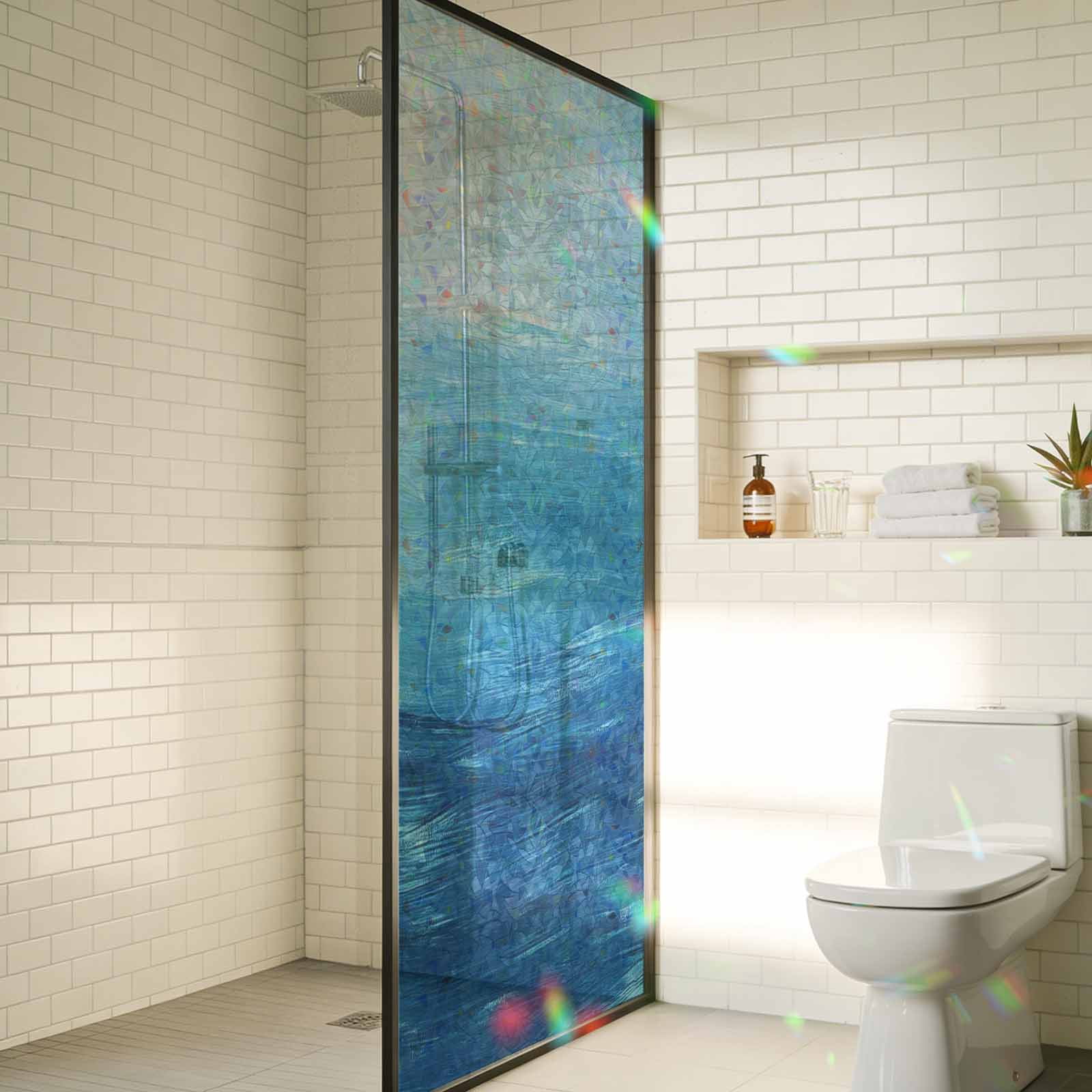 Rainbow Window Privacy Film, Sky Blue Coastal Static Cling Decorative Window Film PVC, Nautical Modern Ocean Wave No Glue UV Blocking Glass Covering, Removable Stained Glass Sticker 23.6''x59''