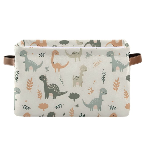 Cartoon Dinosaurs and Leaves Storage Bins with Handle Fabric Organizer Basket Foldable Box 1 Pack 14.2x10.2x8.3