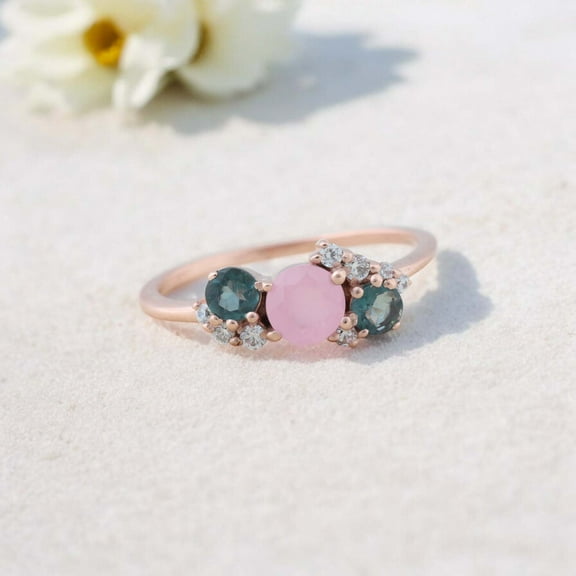 Rose Quartz Engagement Ring 925 Sterling Silver Ring Cluster Topaz Diamond Personalized Jewelry for Women Chritsmas Day Gift for Her Round Cut Gemstone Promise Ring