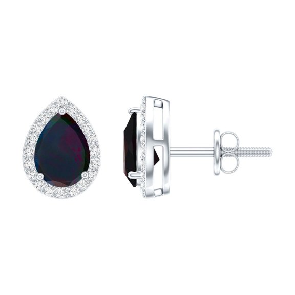 Rosec Jewels Pear Shaped Black Opal Stud Earrings with Moissanite Halo (5X7 mm), 925 Sterling Silver