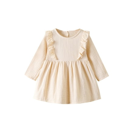 

Imcute Kids Girls Fall Cotton Linen Dress Round-Neck Flounce Long Sleeve Casual Skirt with Back Buttons Beige 4-5 Years