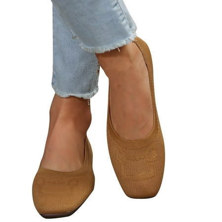 Womens Flats Knit Dress Shoes Pointed Toe Comfort Women Shoes Slip On Shoes for Woman Classic Softable Shoes Low Wedge Khaki 5.5