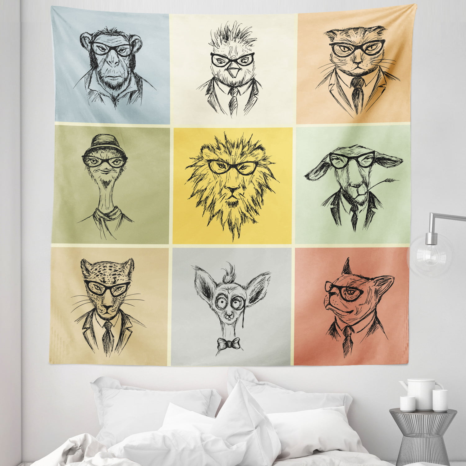Hipster Animals Lion Glasses Vintage SINGLE  Canvas Art Print Box Framed Picture Wall Hanging