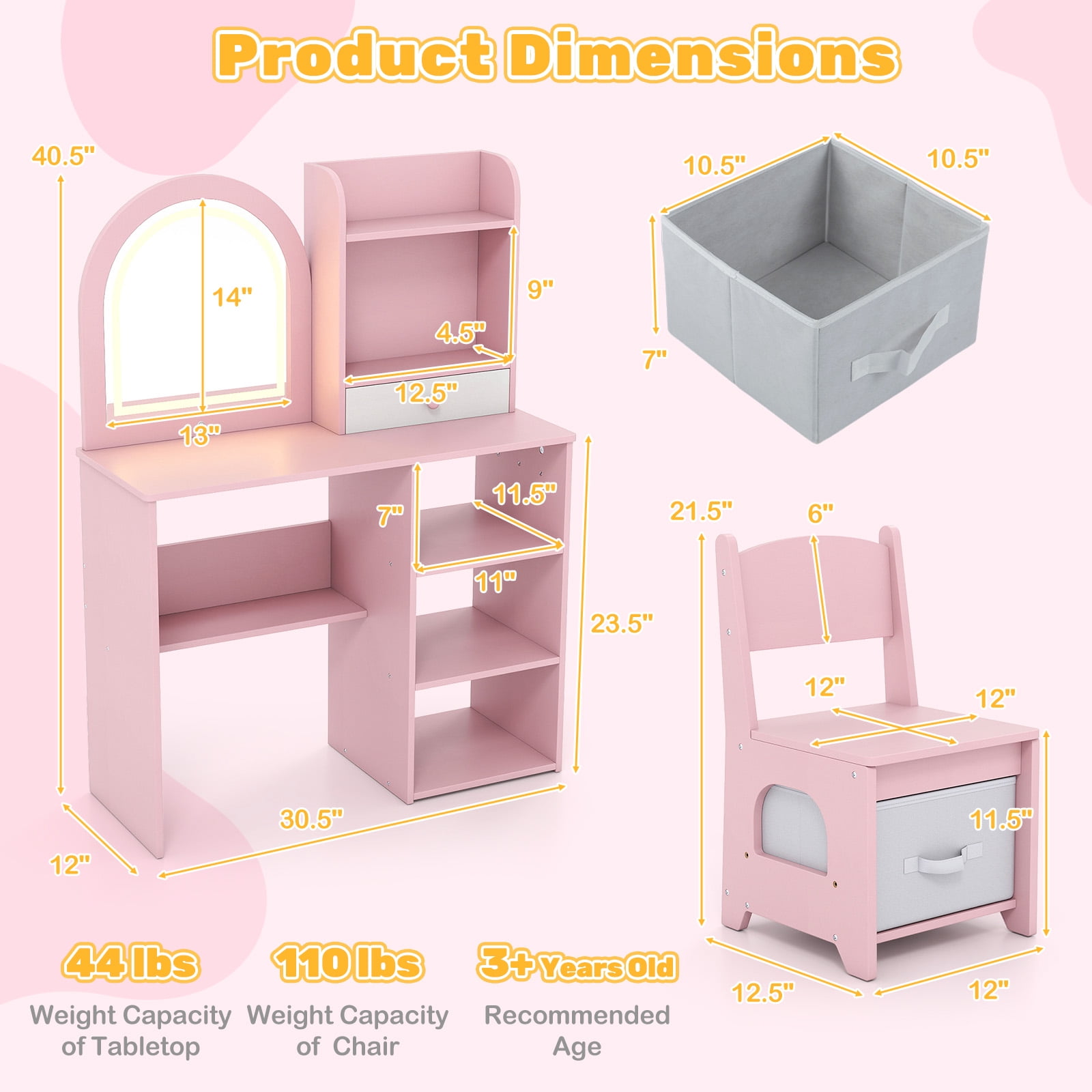Gymax Kids Vanity Set Princess Girls Makeup Vanity Desk w/ 3-Color LED Lighted Mirror Pink