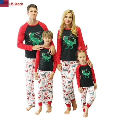 

Sunisery Christmas Family Matching Pajamas Dinosaur Print Long Sleeve T Shirts + Elk Snowflake Pants/Baby Romper