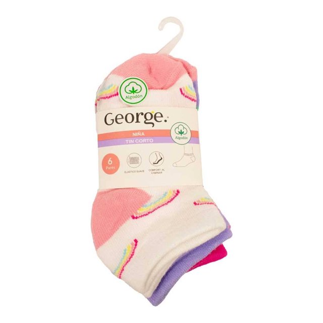 tines george talla 7-9 multicolor 6 pares Paquete frontal de 6 pares de tines George para niña, talla 7-9; diseño multicolor con tonos rosa, lila y blanco y arcos de colores, etiqueta central con logo y elástico suave visible en el borde para ajuste cómodo, pensado para uso diario y combinar con distintos atuendos.