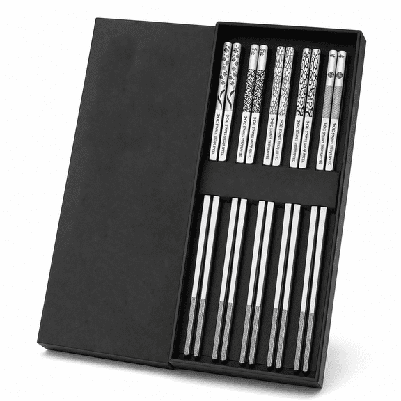 5 Pairs 9.25" Stainless Steel Chopsticks, Reusable Non-Slip Laser Engraved Dishwasher Safe