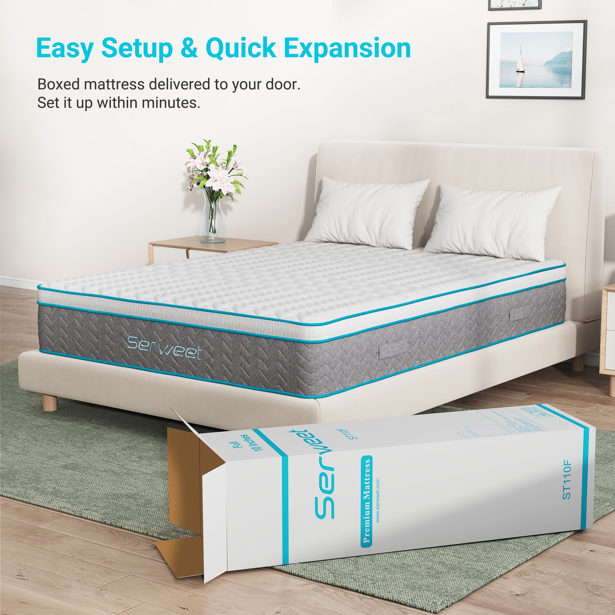 Serweet 10" Full Size Hybrid Mattress, Bamboo Charcoal Gel Memory Foam, 7-Zone Pocket Springs, Medium Firm