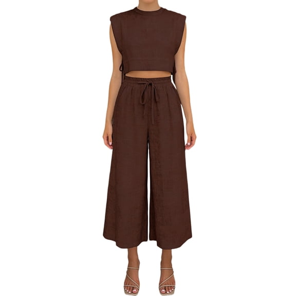 Women'S Two Piece Sets Casual Linen Sleeveless Crop Top Wide Leg Pants Summer Outfits Brown M