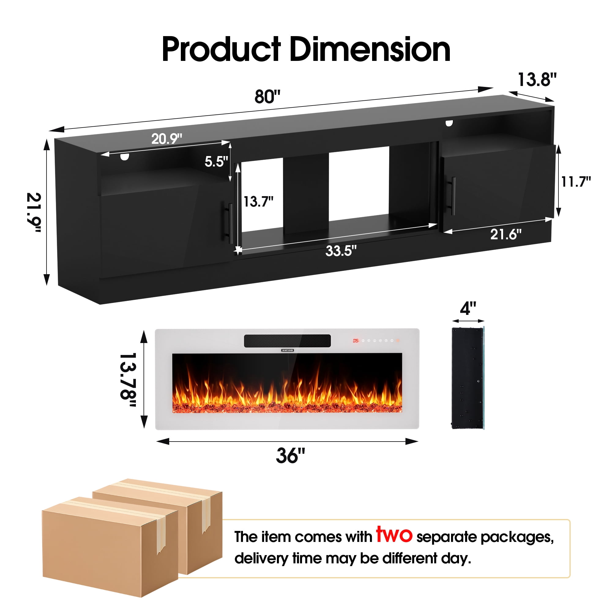 HARIPUL 80” TV Stand with 36" Electric Fireplace for TVs Up to 90 inch, LED Light Entertainment Center with High Gloss Door, Modern Media Console Cabinet for Living Room