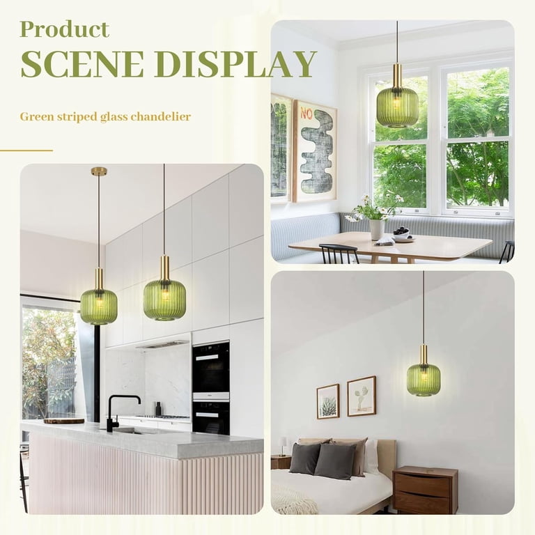 Modern Green Glass Pendant Light - Adjustable Gold Chandelier For Kitchen Island, Dining Room, Farmhouse Decor (7.9")