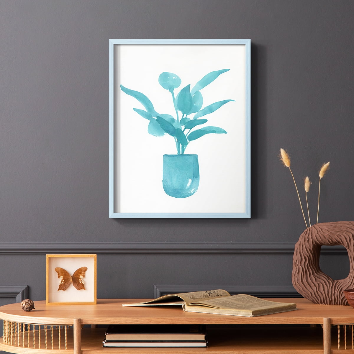 Watercolor House Plant VI Framed Print in Blue Solid Wood 8 x 10 Framed Print