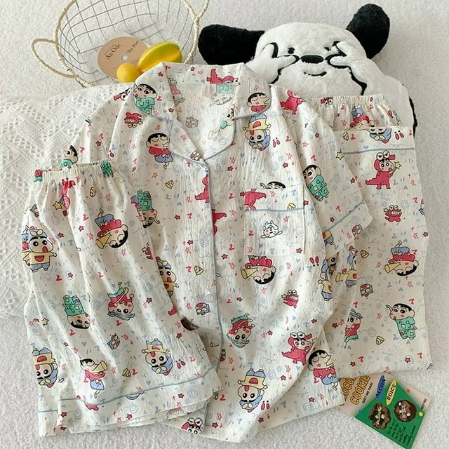 Ensemble de Pyjama en Coton pour Femmes Trois Pièces Mignon Teckel Manches Courtes Pantalon Long Vêtements de Maison