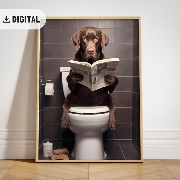 Chocolate Labrador Retriever Bathroom Art Poster, Dog Bathroom Decor Reading Lab On Tet, Quirky Poster Wc Wall Art Dark, Unframed Poster Size 8x12
