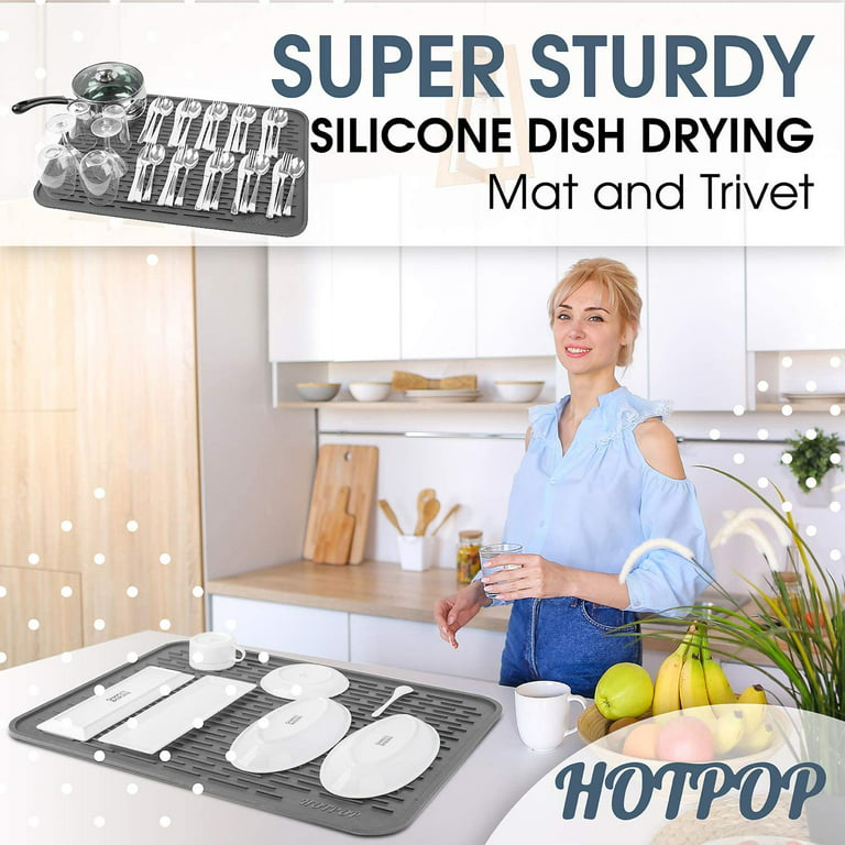 HOTPOP Silicone Dish Drying Mat – Large (18” x 16”) - Grey 