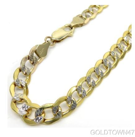 Gold Town Corp. - Curb Cuban Men&amp;#39;s Chain In14K Yellow Gold With White Pave Hollow Link 5mm