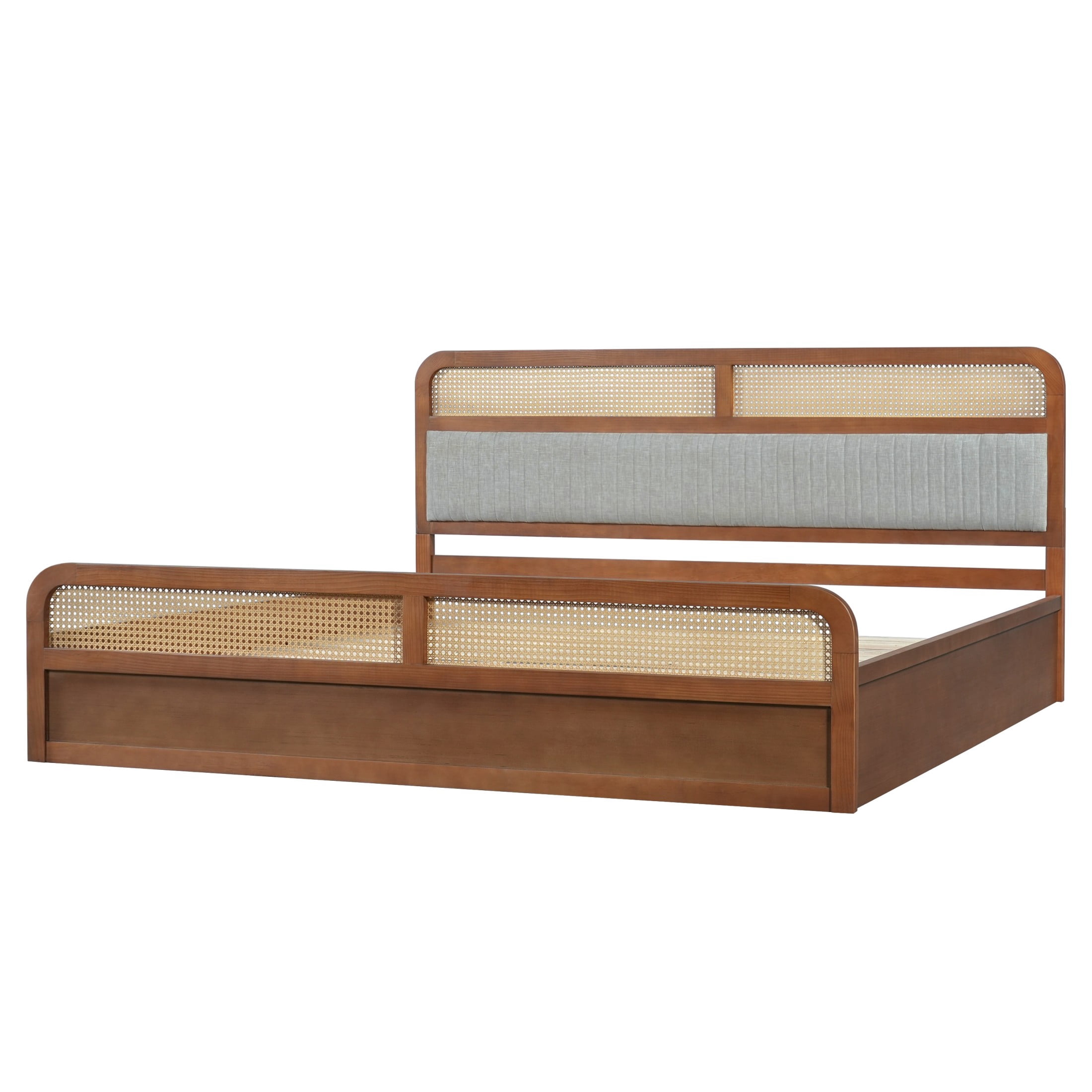 Christopher Knight Home King Wood Platform Bed with Rattan & Gray Upholstered Headboard, Brown Finish