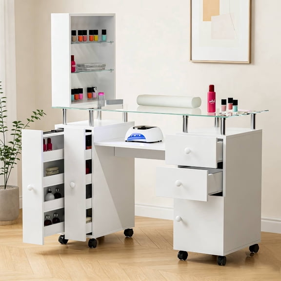 TTGIEET Manicure Table with Glass Top, Acetone Resistant Nail Station, Wrist Cushion & Lockable Wheels, White