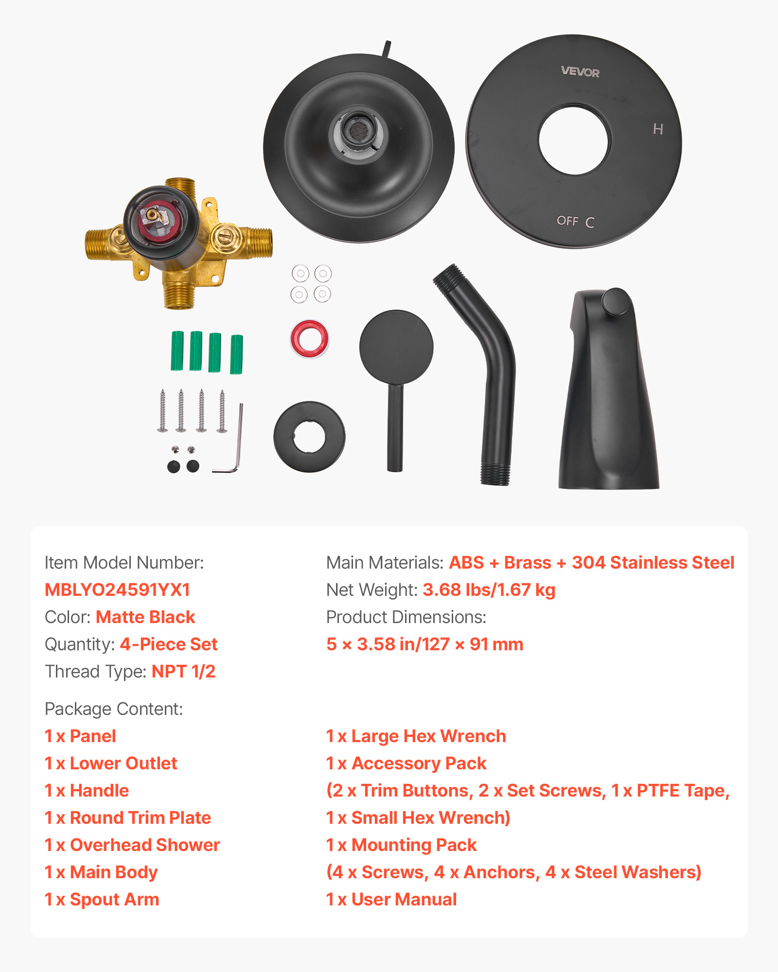 VEVOR Tub and Shower Faucet Set, Complete with 5-Inch Rainfall Shower Head and Bathtub Spout, 8-Setting Adjustable Spray, Single-Handle Tub Trim Kit with Brass Pressure Balancing Valve, Matte Black