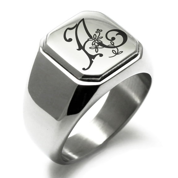Stainless Steel Letter A Initial Floral Monogram Engraved Engraved Square Flat Top Biker Style Polished Signet Ring