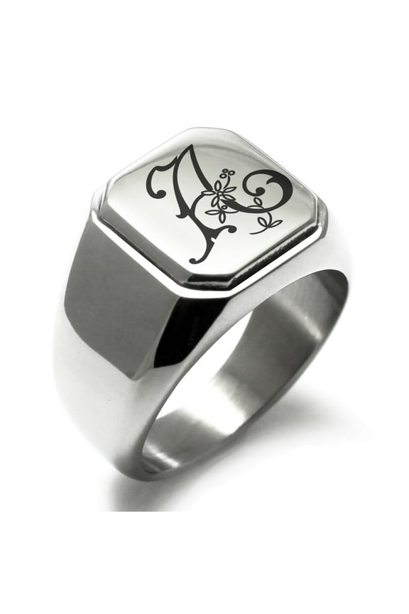 Stainless Steel Letter A Initial Floral Monogram Engraved Engraved Square Flat Top Biker Style Polished Signet Ring