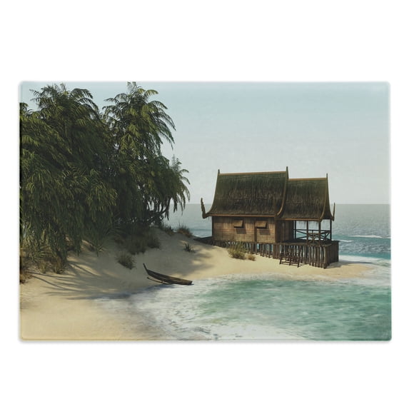 Travel Cutting Board, Illustration of a Relaxing Island House on the Coast with Palm Trees Exotic Vacation, Decorative Tempered Glass Cutting and Serving Board, in 3 Sizes, by Ambesonne