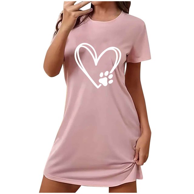 Rbaofujie Ensemble de Pyjama Short pour Femme, Chemise de Nuit Courte Surdimensionnée Imprimée à Col Rond et Manches Courtes, Robe Ensemble de Pyjama