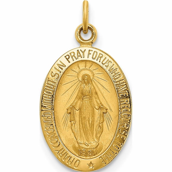 14K Yellow Gold Solid Polished/Satin Small Oval Miraculous Medal (19.5 X 10.5) Made In United States -Jewelry By Sweet Pea