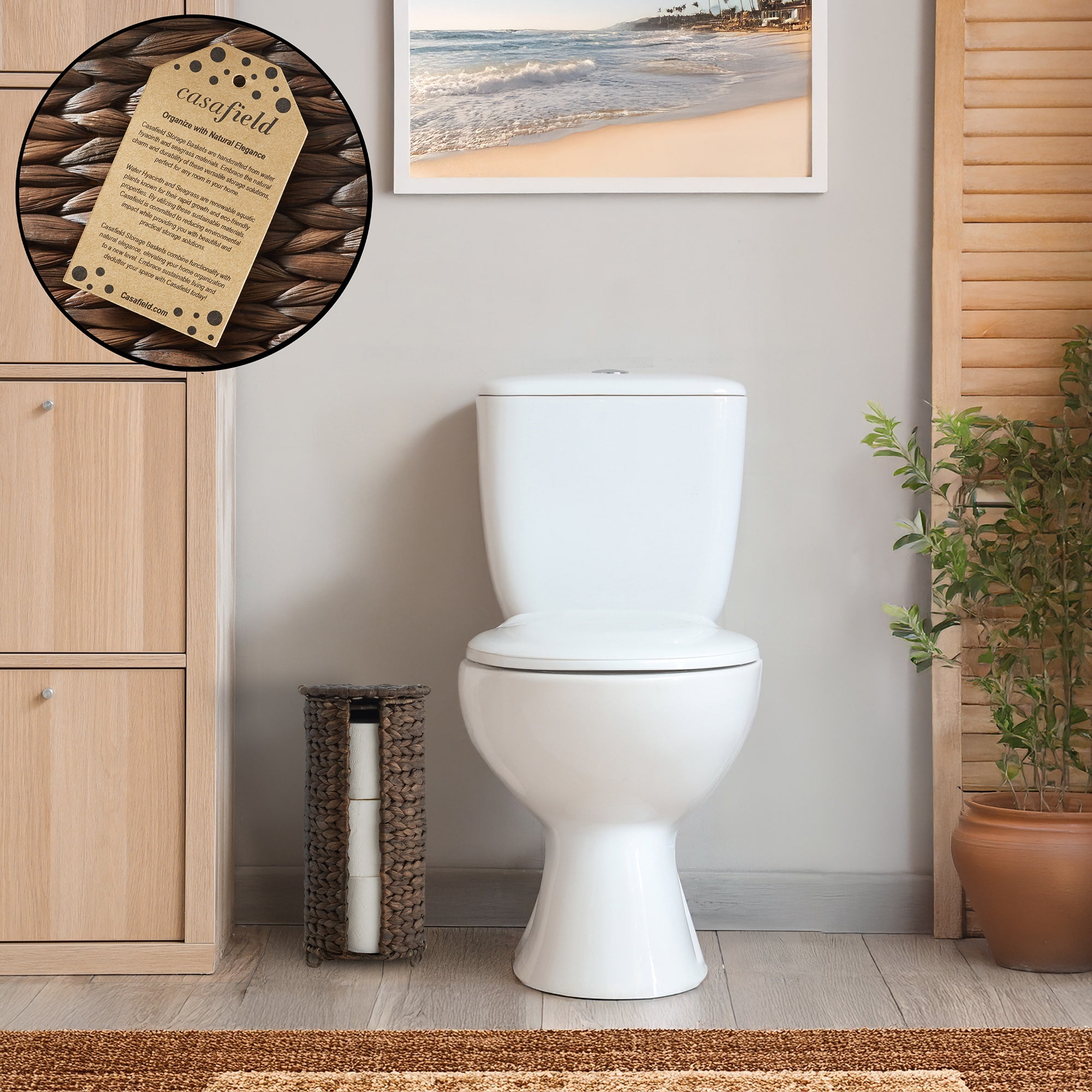 Casafield Toilet Paper Roll Holder with Lid - Espresso Dark Brown, Fits 3 Rolls, Free Standing Hyacinth Bath Tissue Storage Organizer for Bathroom